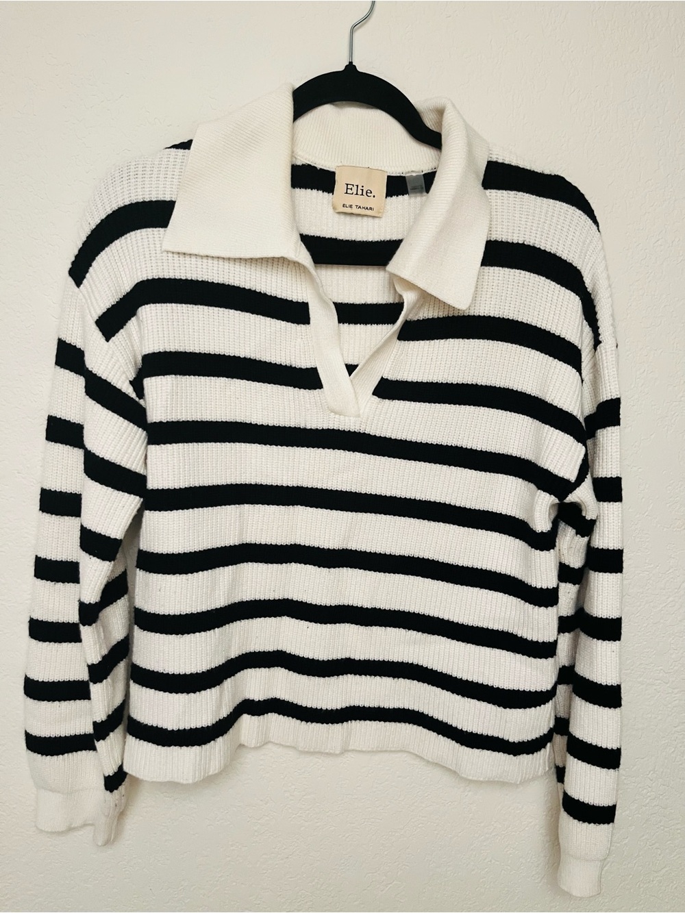 Elie Tahari Black and White Striped Polo Sweater